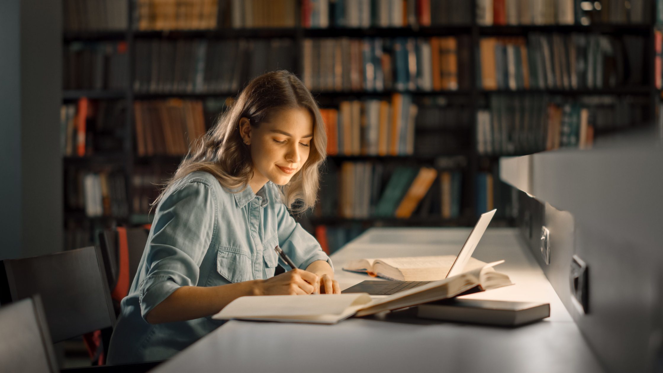 A medical school applicant working on her secondary essays in a library.