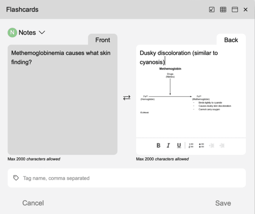 An example of USMLE Step 1 flashcards that can be created from educational objectives on the UWorld platform.